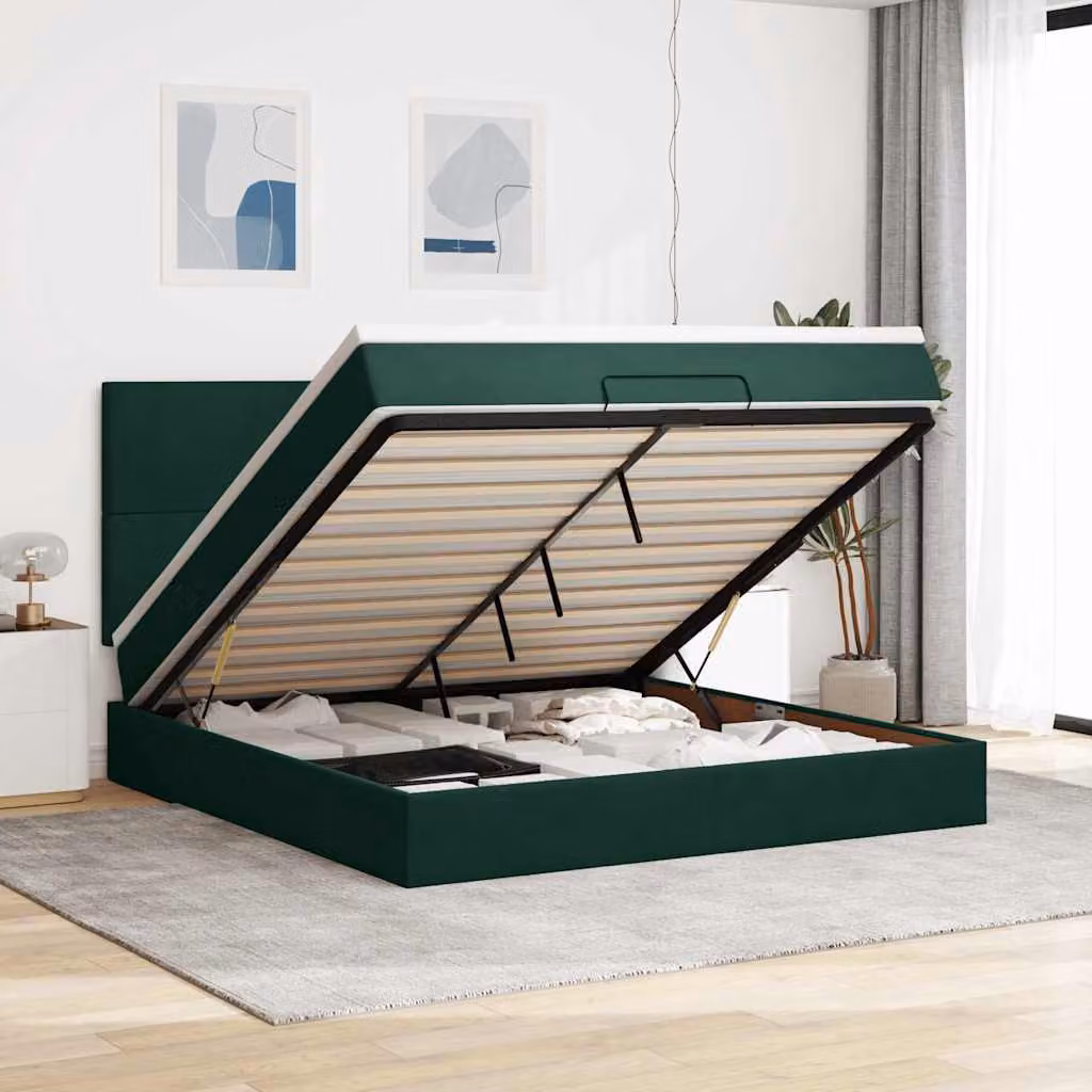 Letto con contenitore a sollevamento vidaXL in velluto verde e bianco con materasso L: 180 cm, P: 200 cm, H: 128 cm