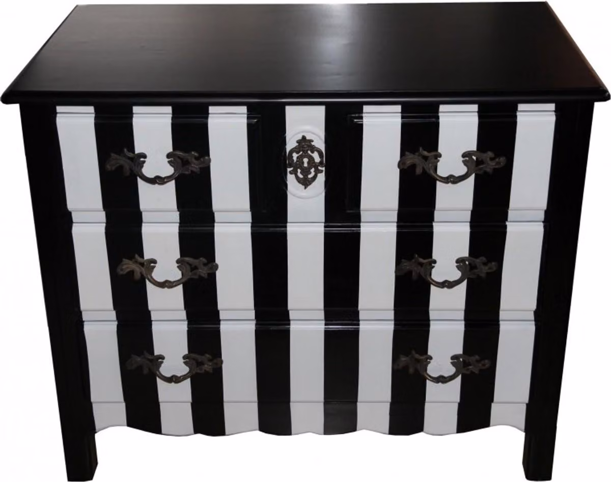Comodino Casa Padrino in stile barocco, con motivo a righe nere e bianche, dimensioni 94 x 52 x 76 cm