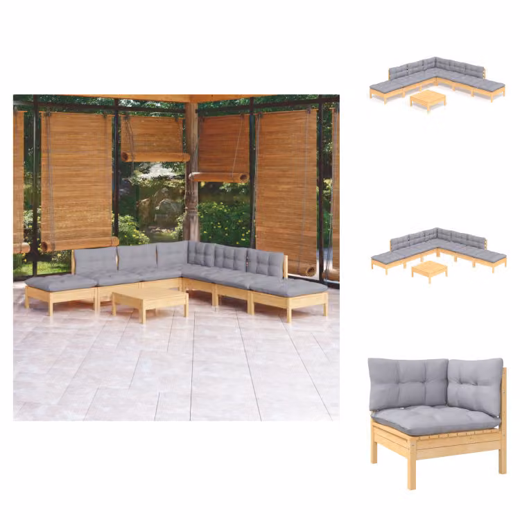vidaXL set salotto da giardino 8 pezzi con cuscini grigi in legno di pino - Set di mobili da giardino