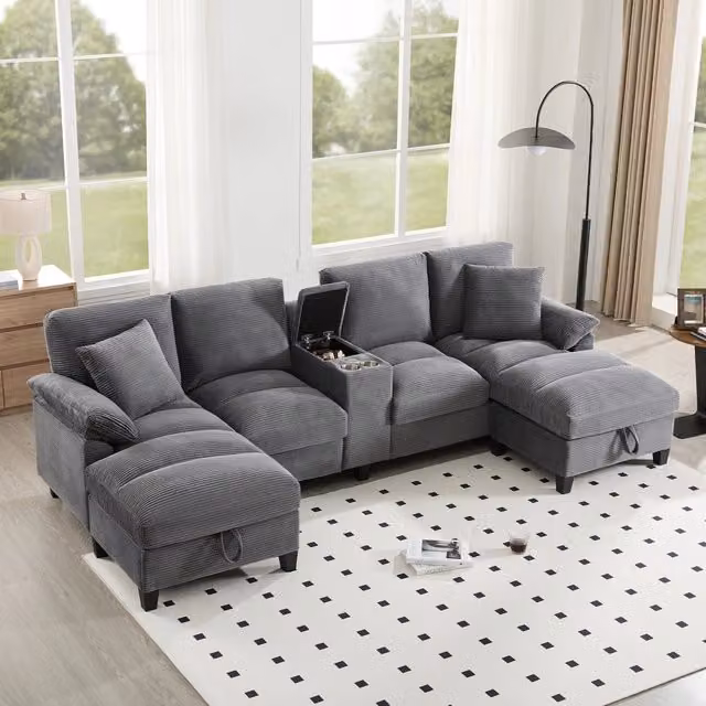 Divano modulare a U 293 x 142 x 93 cm con contenitore e USB; velluto a coste grigio