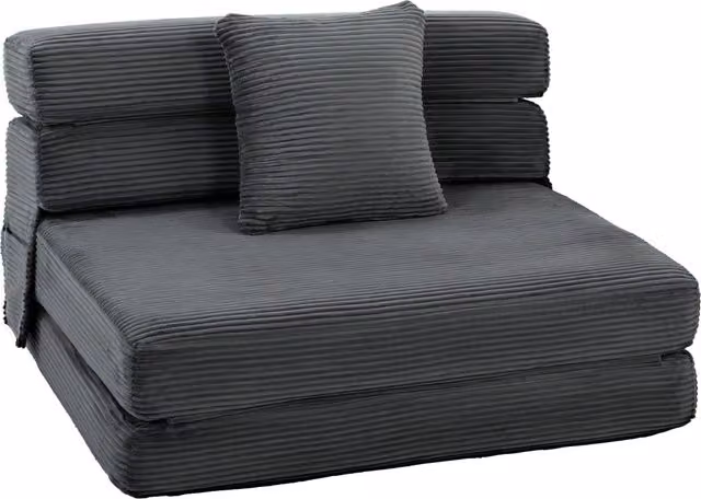 Poltrona da terra pieghevole 2 in 1, divano letto singolo effetto velluto a coste con cuscino e tasche, grigio scuro, salvaspazio per casa
