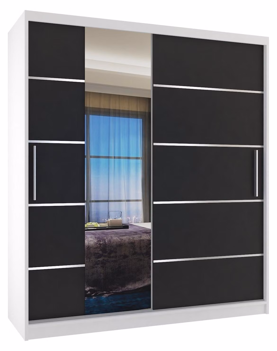 BELINI Verona, armadio scorrevole da 133 cm, bianco/nero opaco - armadio con specchio e 2 cassetti, ideale per la camera da letto