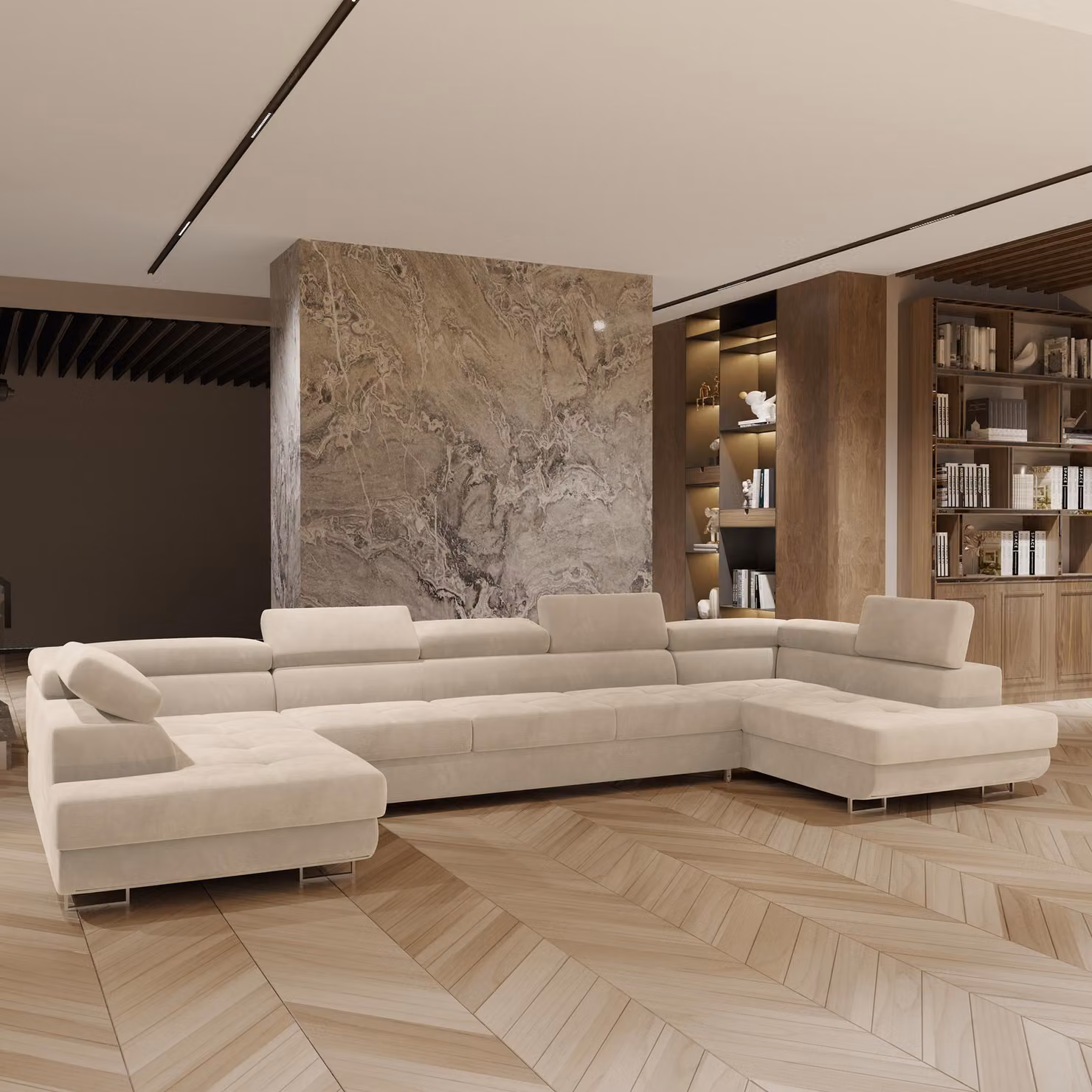 Divano angolare Masseno ISOLANO con funzione letto a U, divano con box letto, divano da salotto, divano, divano letto, set divano crema, MONOLITH 04