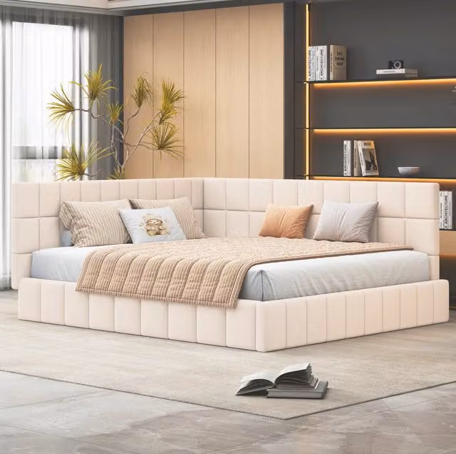 Letto da giorno imbottito beige 160x200 cm con rete a doghe, schienale reversibile