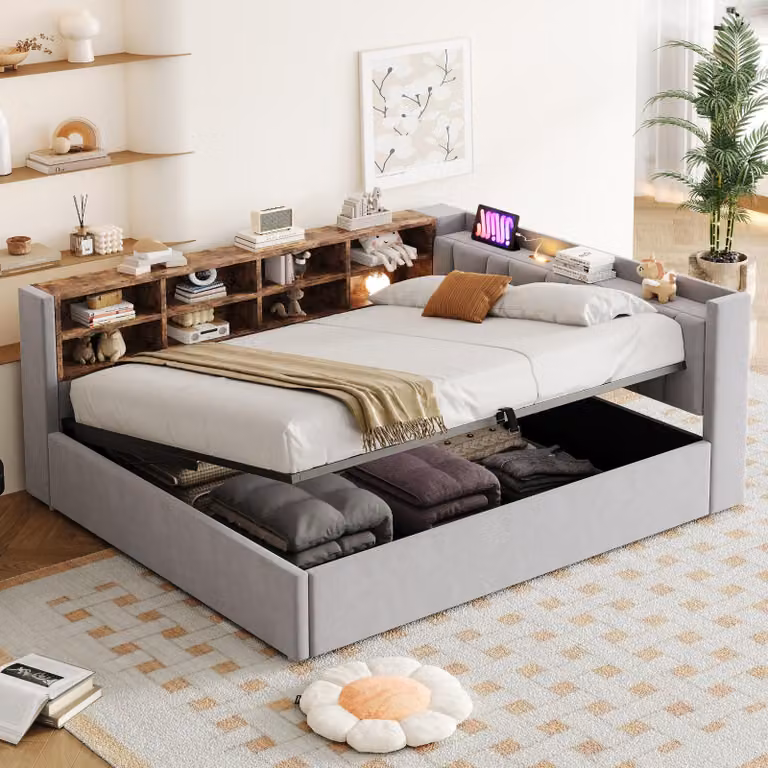 Letto imbottito 140x200 cm con spazio contenitore a sollevamento idraulico, luce notturna, porte USB e di tipo C, ripiani, vani contenitori e testiera imbottita, rivestito in velluto color grigio chiaro