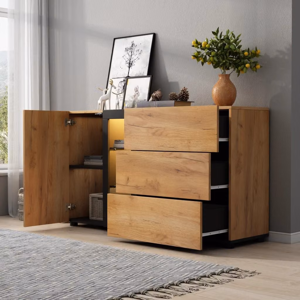 Credenza moderna FOLYNA con LED RGB controllata da app, 3 cassetti, anta e ripiani in vetro regolabili, colore nero e marrone, L: 140 cm, P: 40 cm, H: 80 cm – 2