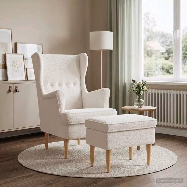 Set Poltrona con Ottoman vidaXL in tessuto Bouclé Beige e Bianco con struttura in legno massello – 1