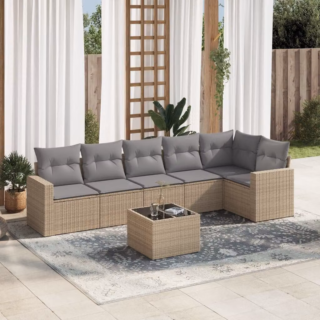Set Divani da Giardino 7 pz vidaXL con Cuscini Beige e Tavolino in Polyrattan e Metallo – 1