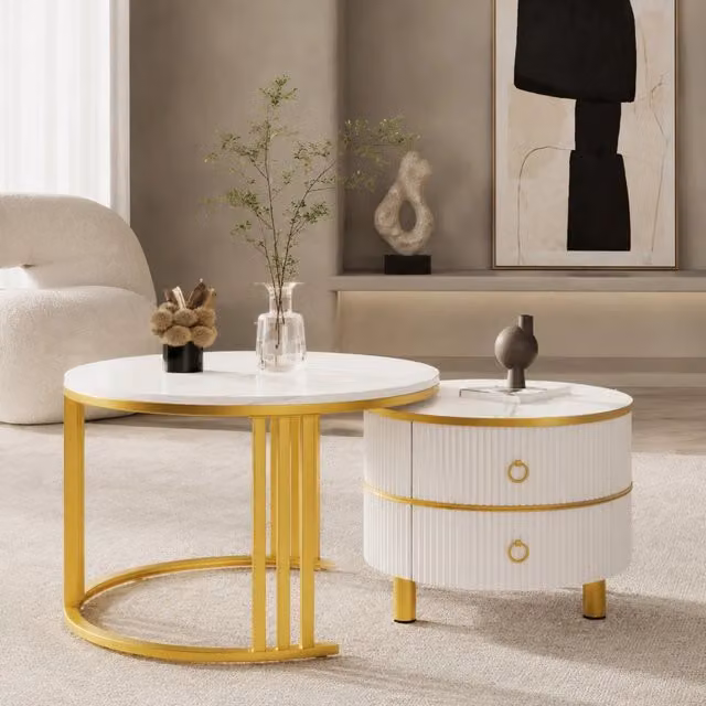 Set 2 tavolini rotondi da caffè in MDF con 2 cassetti; piano effetto marmo lucido; 70/50 cm; bianchi