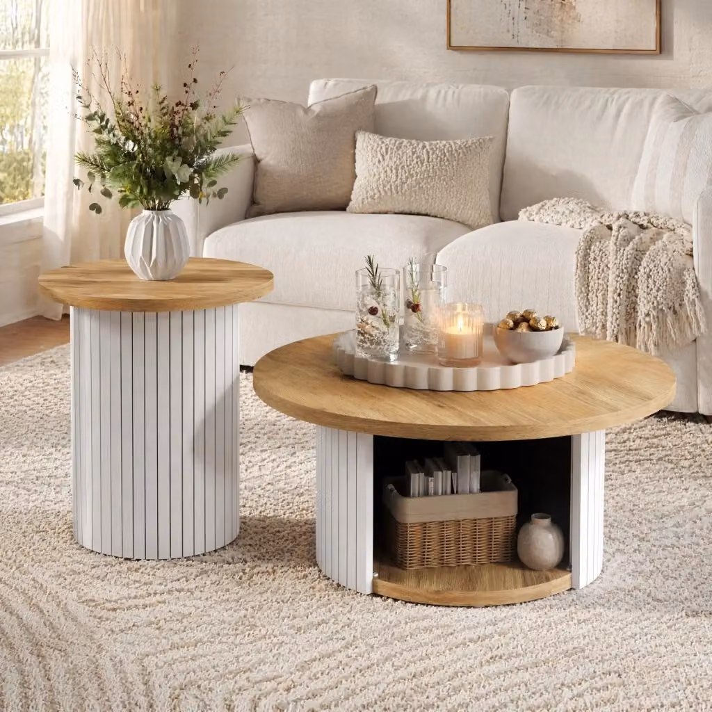 Set di tavolini da salotto rotondi MODFU in MDF laminato marrone con design scandinavo, L/P/H: 75 x 75 x 50 cm e 45 x 45 x 35 cm – 2