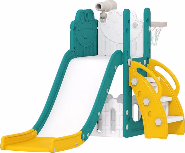 AIYAPLAY Set Scivolo per Bambini 5 in 1 con Canestro, Scaletta e Telescopio, Giallo – 1