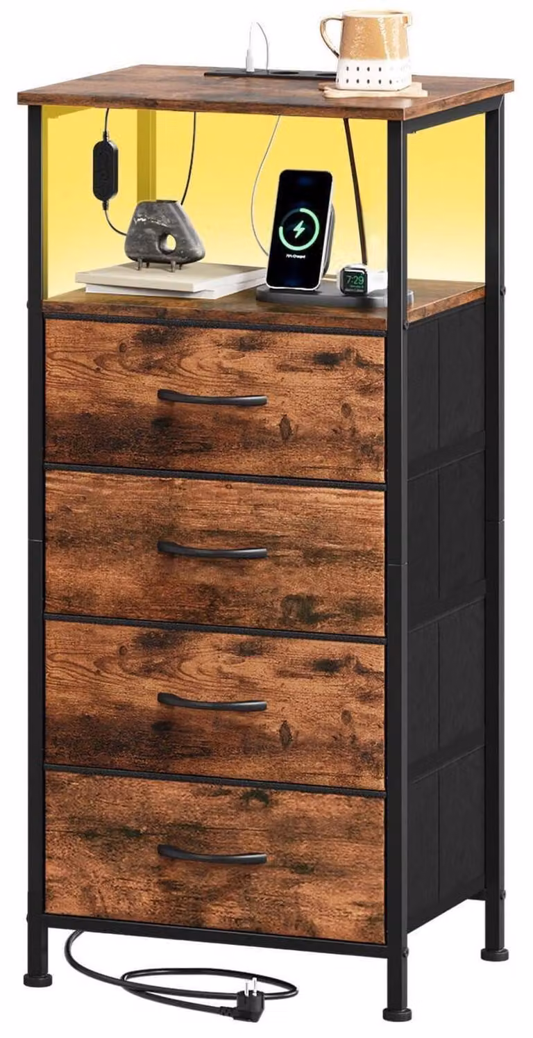 Comodino con cassetti e vano portaoggetti, dotato di illuminazione LED e presa di corrente, dimensioni 30T x 40L x 86,5H, finitura effetto legno, 4 cassetti rivestiti in tessuto
