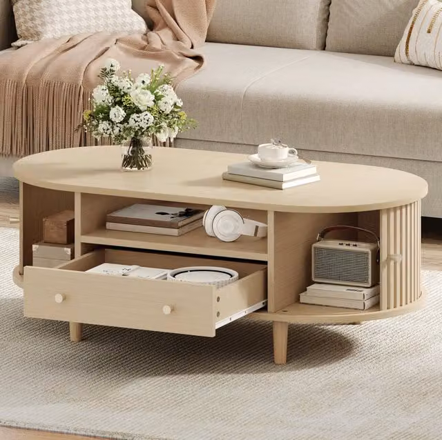 Tavolino da caffè ovale 100x50x36 cm in MDF effetto rovere; con cassetto e anta scorrevole