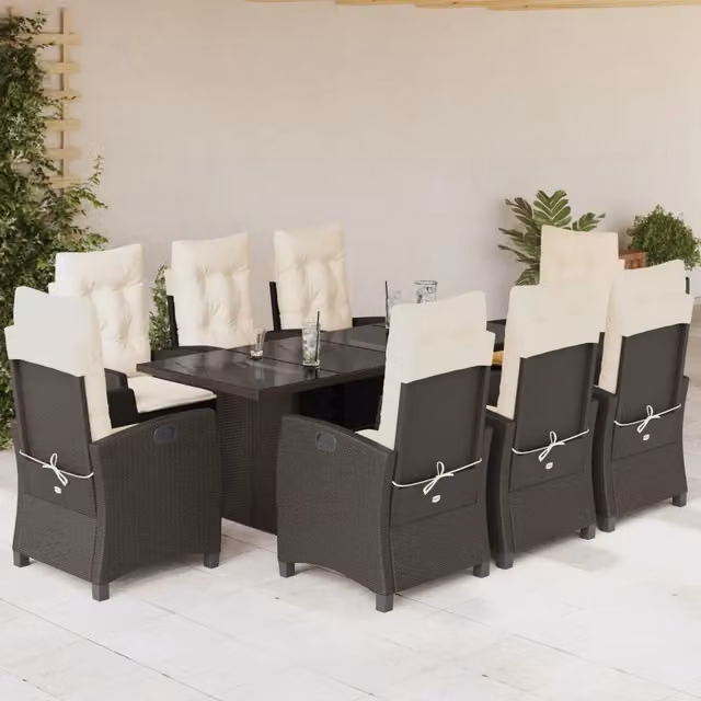 Set da pranzo da giardino vidaXL in polyrattan marrone e bianco con 9 pezzi e piano in vetro – 1