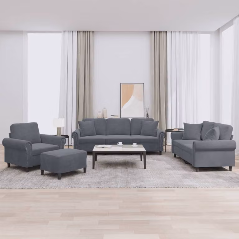 vidaXL Set di Divani 4 pz in Velluto Grigio con Cuscini e Ottoman per Soggiorno