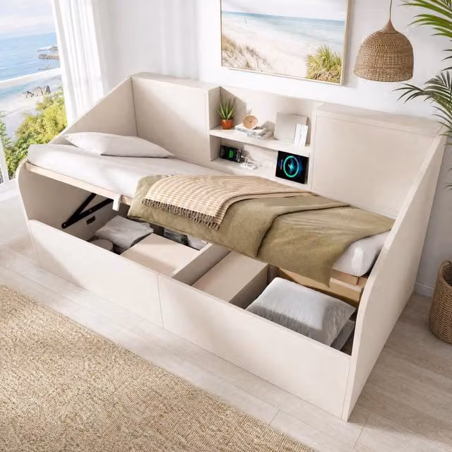 Letto contenitore Mivray in legno bianco con ripiani e ricarica USB, L/P/H: 190 x 90 x 35 cm