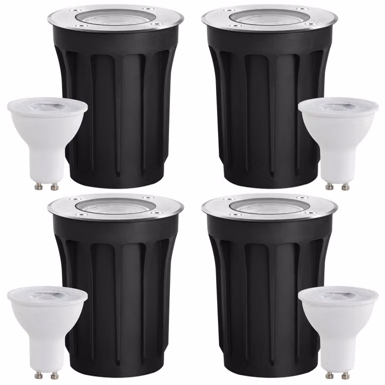Set di 4 faretti da incasso a pavimento, attacco GU10, grado di protezione IP67, orientabili, tecnologia LED da 3W, alimentazione 230V