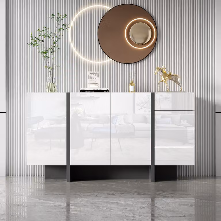 Cassettiera Fortuna Lai bianco lucido, credenza con 4 cassetti e 2 ante, mobile da soggiorno lucido, 150 x 40 x 80 cm