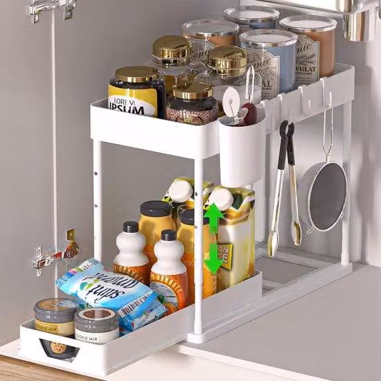 Scaffale da cucina a 2 ripiani, con 4 ganci e 1 vasetto, regolabile, bianco, in metallo.
