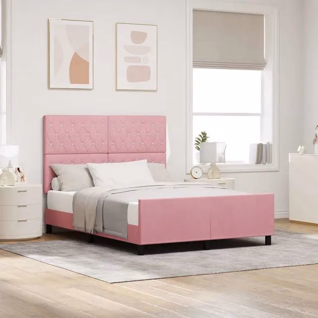 Letto a molle moderno vidaXL con testiera in velluto rosa, L/P/H: 160 x 200 x 128 cm