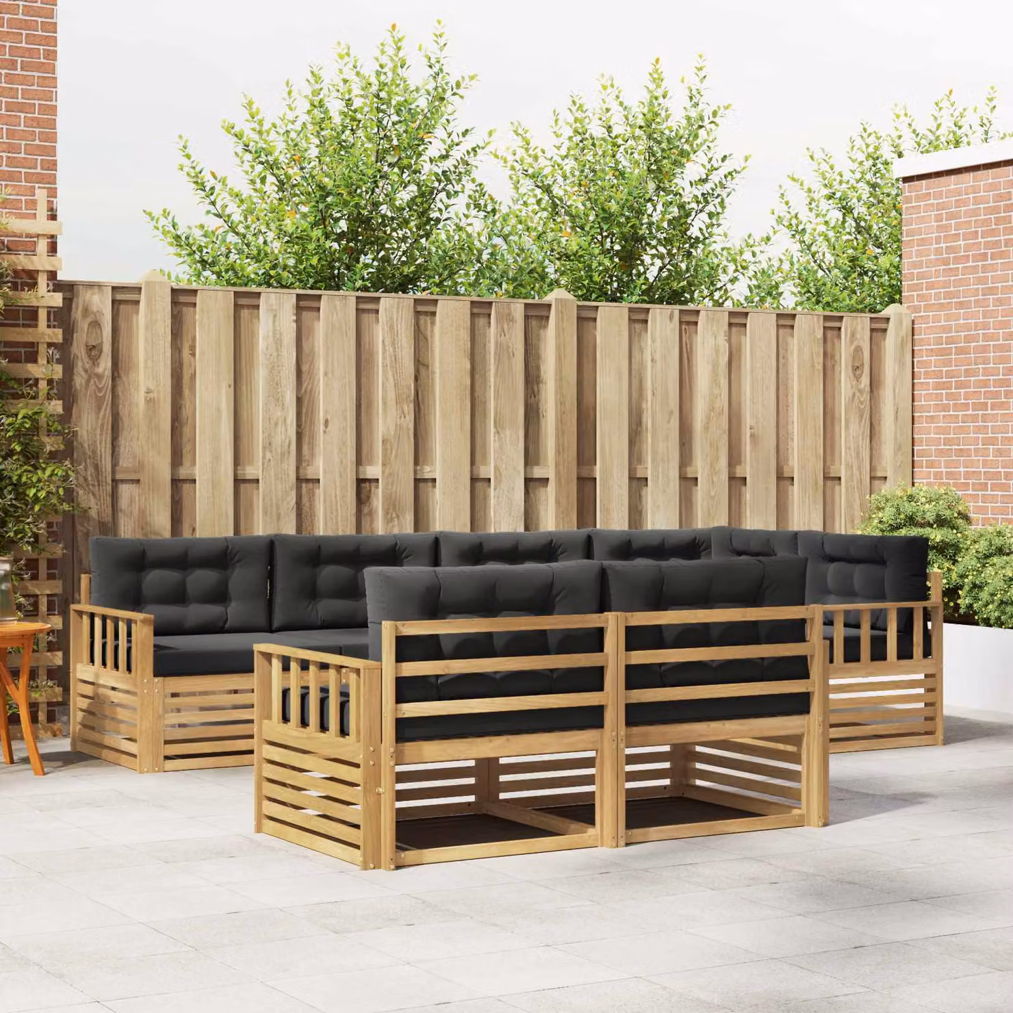 Set di divani da esterno vidaXL a forma di L composto da 7 pezzi in legno di acacia con cuscini bianchi e antracite in poliestere resistente ai raggi UV