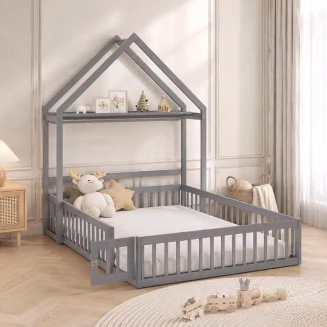 Letto per bambini a pavimento 140x200 cm grigio in legno massiccio di pino con sponda e spazio contenitore