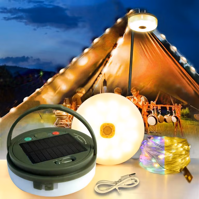 Catena luminosa per campeggio, 10 metri, 100 LED, alimentazione solare + USB, RGB, impermeabile
