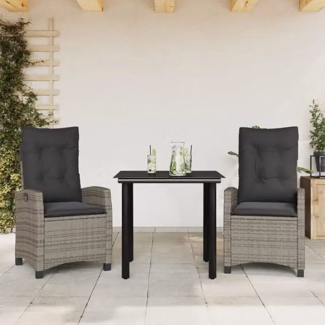 Set da pranzo da giardino moderno vidaXL in rattan e vetro con struttura in acciaio nero e cuscini grigi