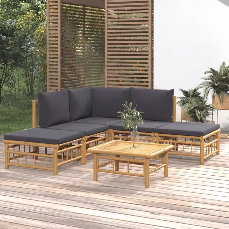 Set Salotto da Giardino vidaXL 6 Pezzi in Bambù con Cuscini Grigio Scuro e Marrone