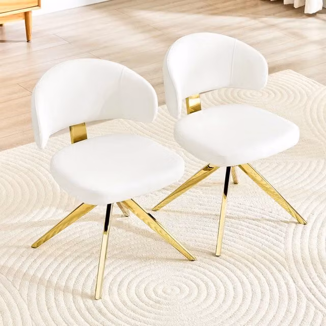 Set di 2 sedie da pranzo moderne Minimal in similpelle bianca imbottita con struttura metallica e gambe nere girevoli a 360 gradi