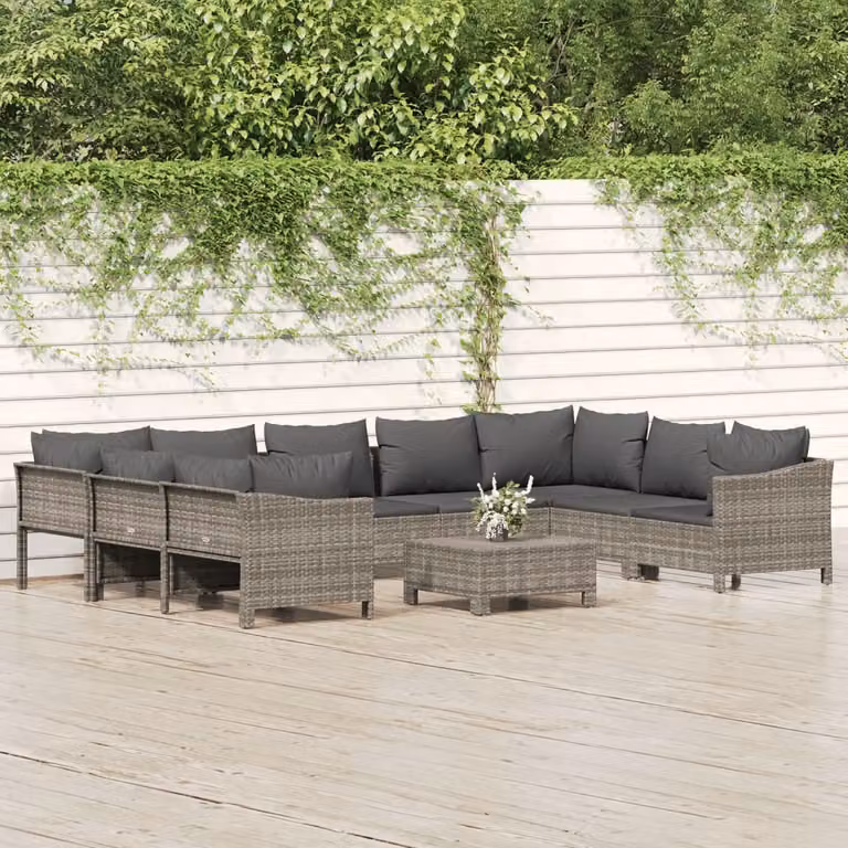 Set di divani da giardino vidaXL in rattan grigio con cuscini, composizione a forma di U con elementi angolari e pouf