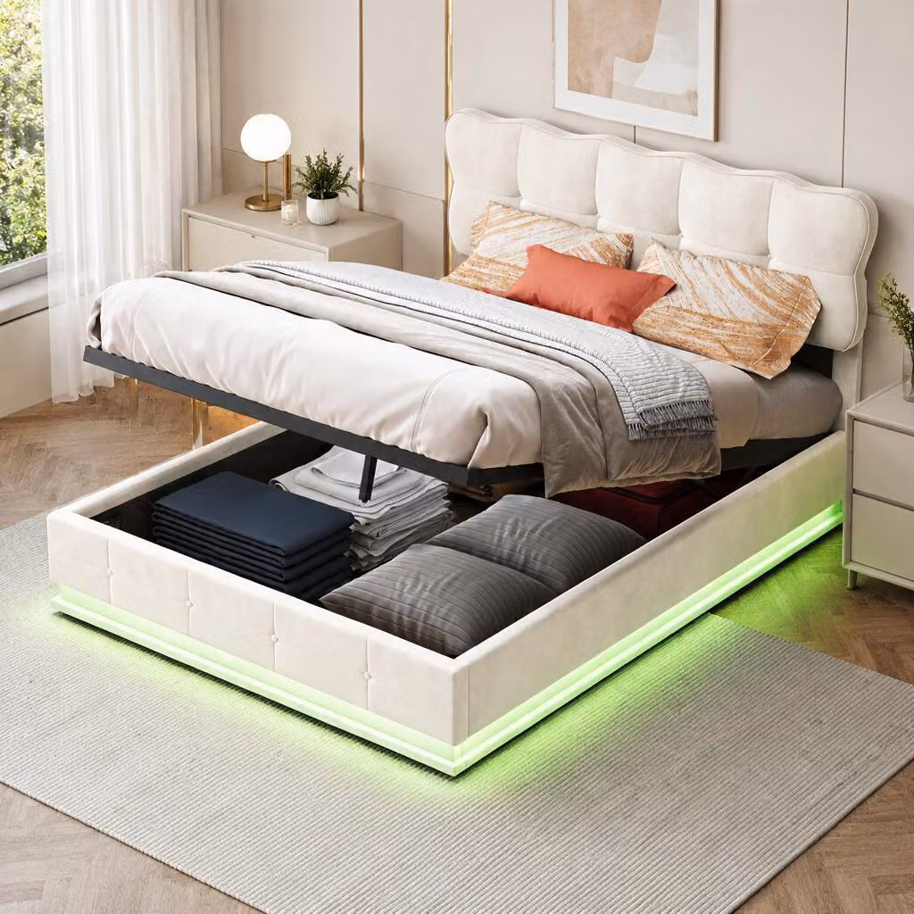 Letto matrimoniale con boxspring, dimensioni 160x200 cm, con illuminazione a LED, struttura imbottita con sistema idraulico per lo spazio contenitore, struttura letto per giovani con rete a doghe e contenitore, rivestito in velluto color beige