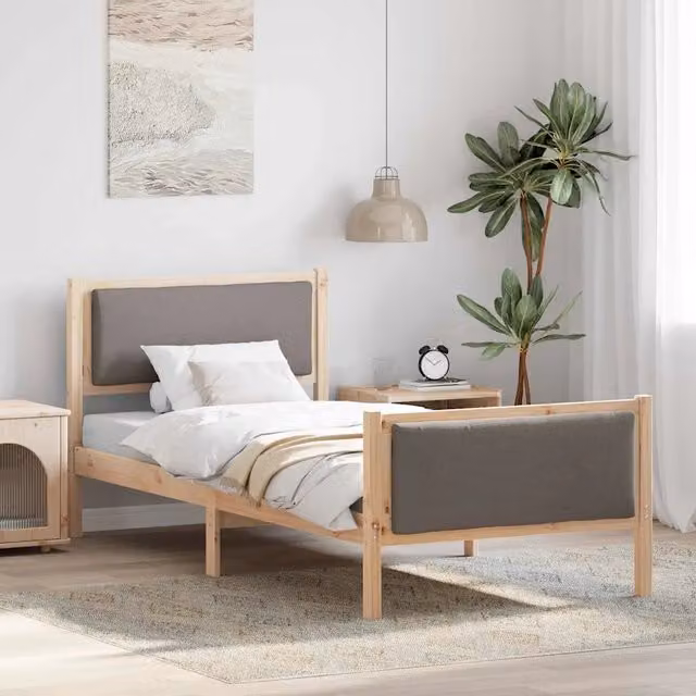 Letto con testiera e giroletto vidaXL in legno di pino e tessuto beige o grigio L/P/H: 90 x 190 cm – 1