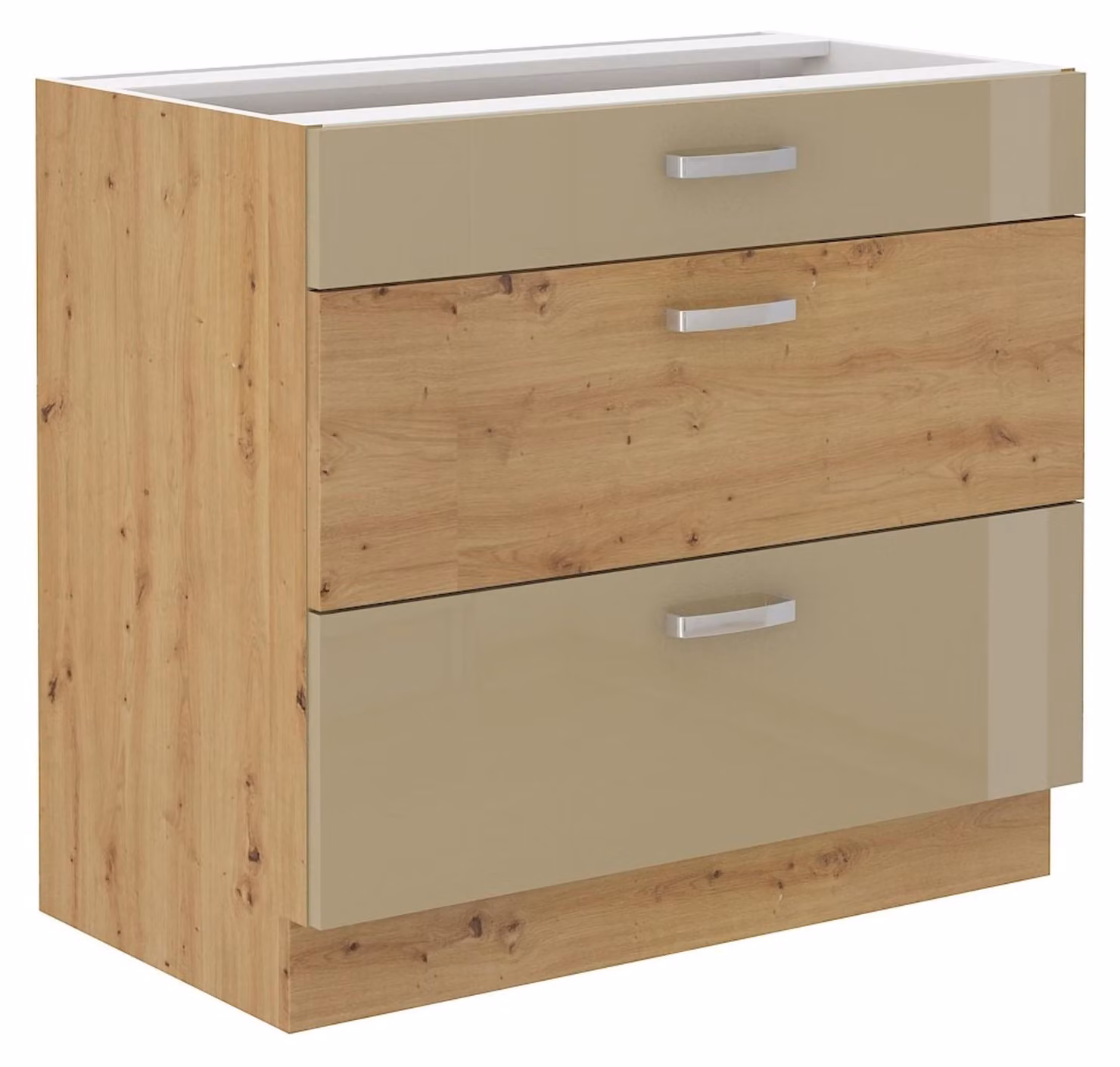 Mobile base da cucina 80, rovere Artisan Cappuccino, lucido, cassetto a estrazione totale con chiusura ammortizzata