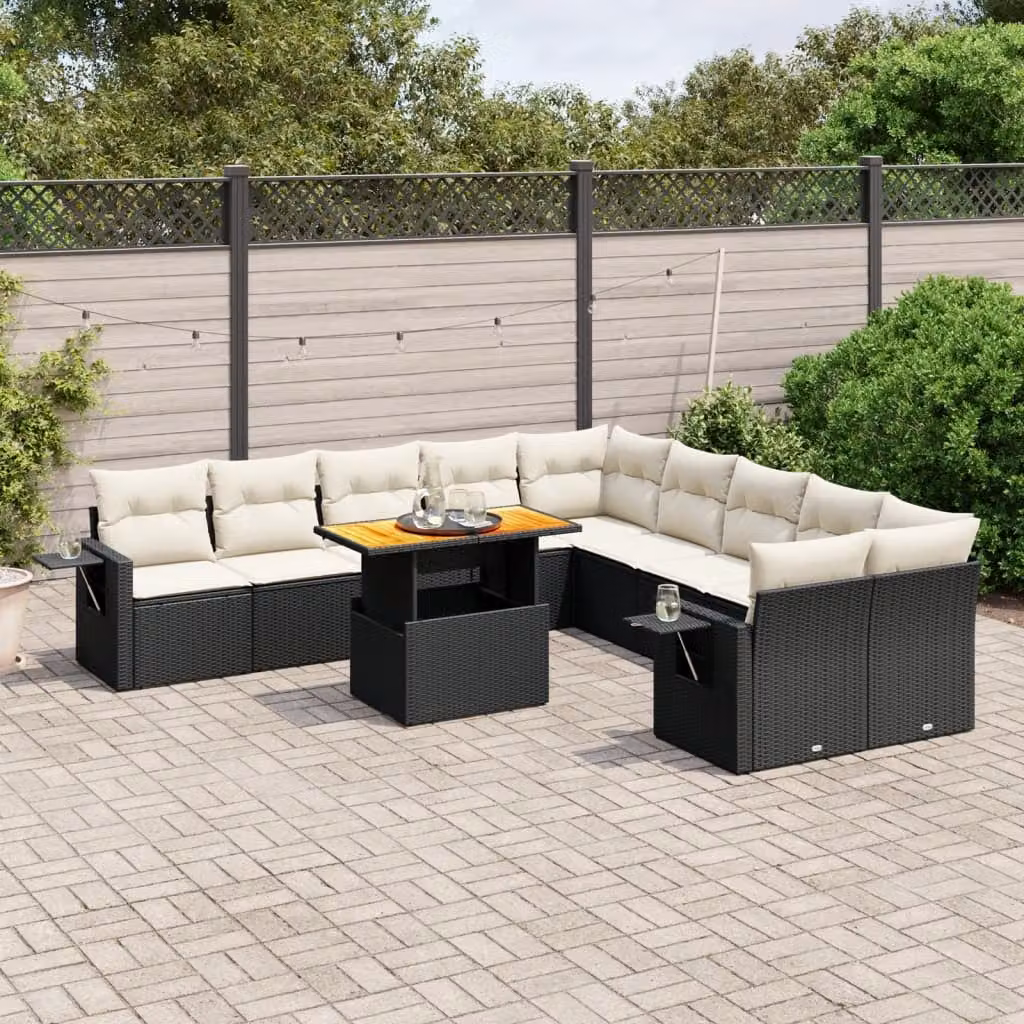 vidaXL Set Divani da Giardino 11 pz in Polyrattan Nero con Cuscini e Tavolino da Esterno a Forma di L – 1