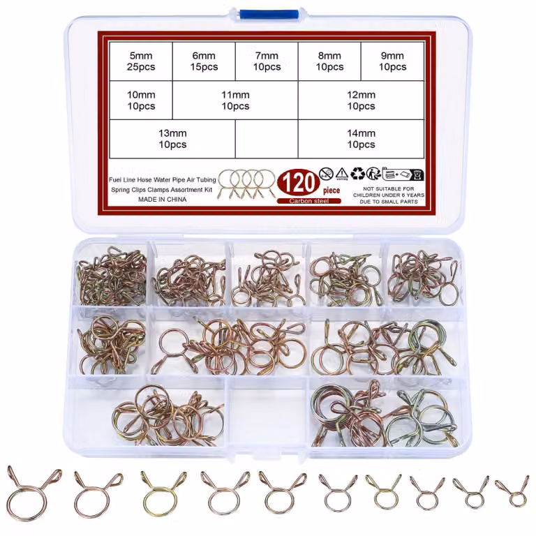 Set di fascette per tubi, 120 pezzi, morsetti a molla da 5 a 14 mm, acciaio inossidabile