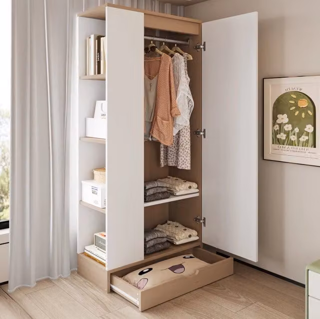Armadio a 1 anta con ripiani e cassetti, 70×40×170 cm, legno naturale e bianco