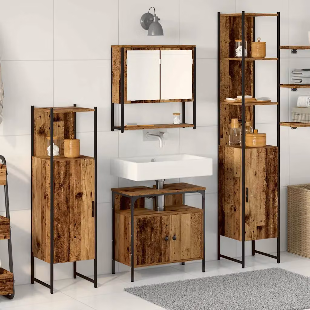 Set di mobili per il bagno moderno vidaXL in legno e metallo marrone composto da 4 pezzi con armadietto a specchio, mobile lavabo e pensili a muro