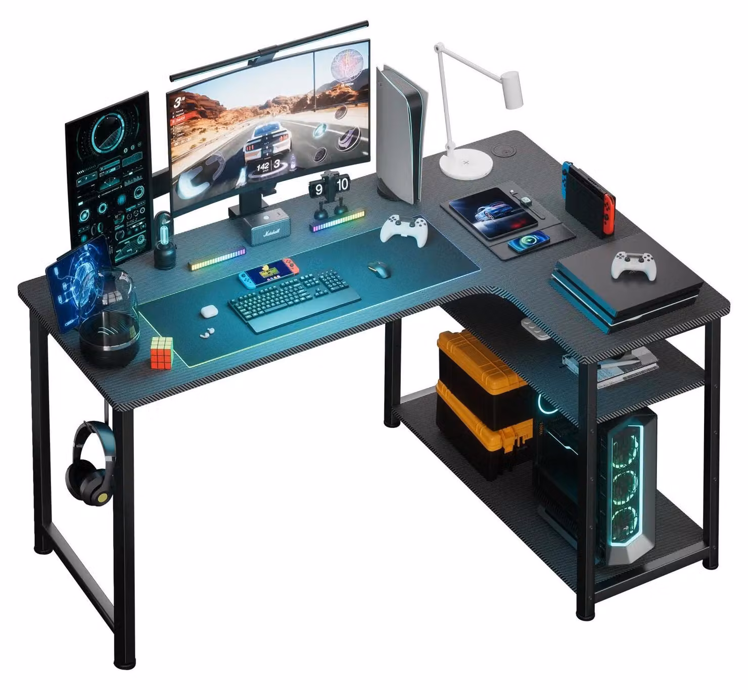 Scrivania da gaming a L - Scrivania angolare per computer DL002-100-BLK - 100 cm - Con ripiano - Struttura in metallo - Design moderno - Per l'ufficio a casa e l'ufficio - Nero