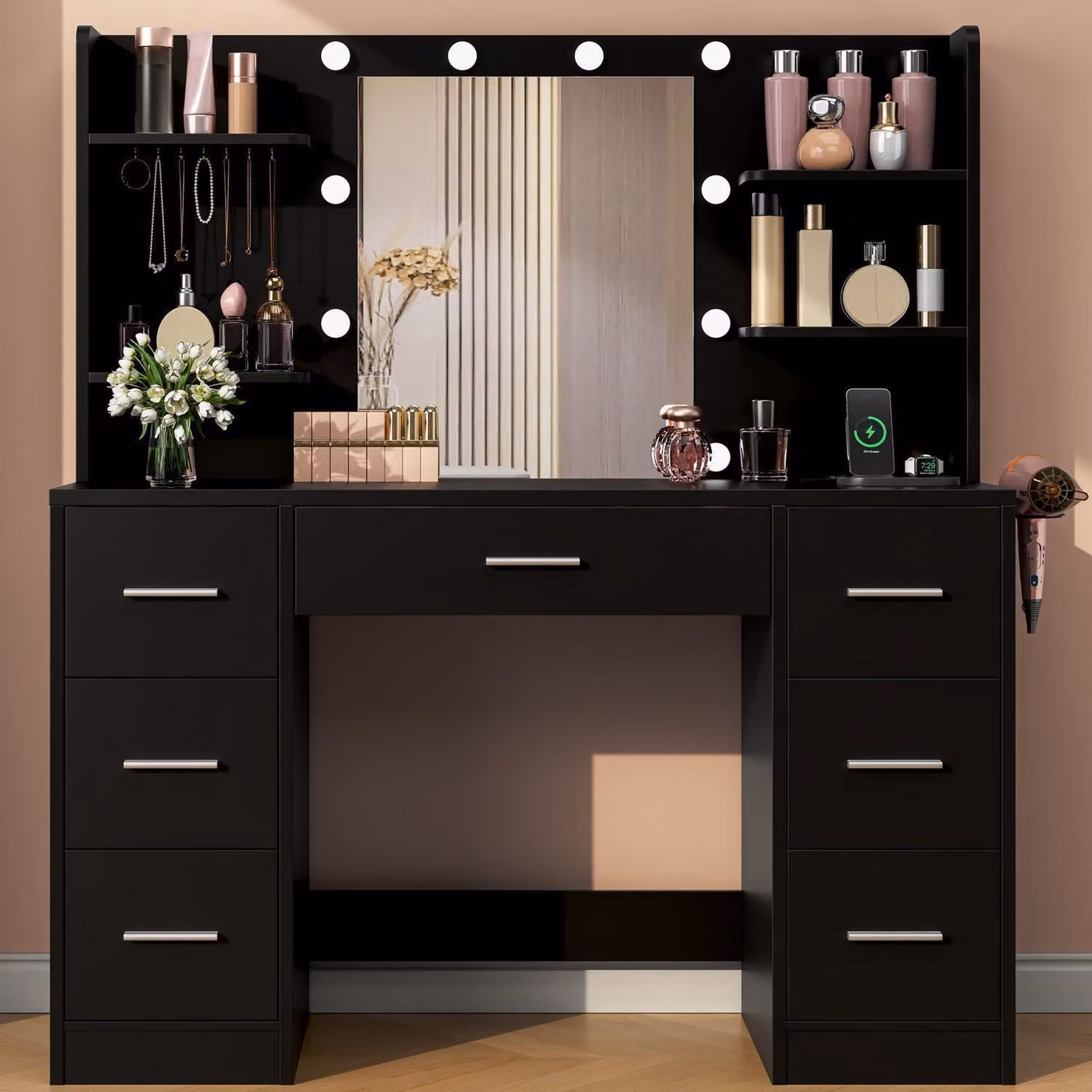 Comò da trucco con illuminazione a LED, 2 prese di corrente, 2 porte USB, 7 cassetti, colore nero