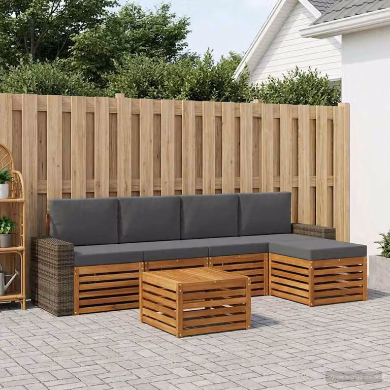 Set di divani da esterno vidaXL a forma di L in legno di acacia con tavolino e pouf, 6 pezzi, Beige e Antracite