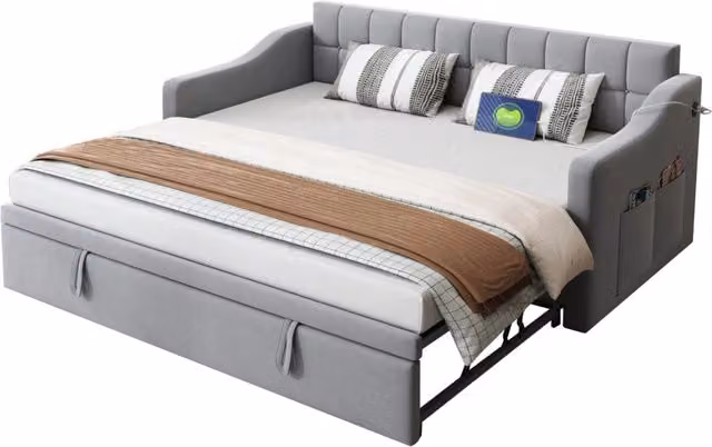Divano letto estraibile 90x190 cm con USB; struttura in metallo e velluto grigio chiaro