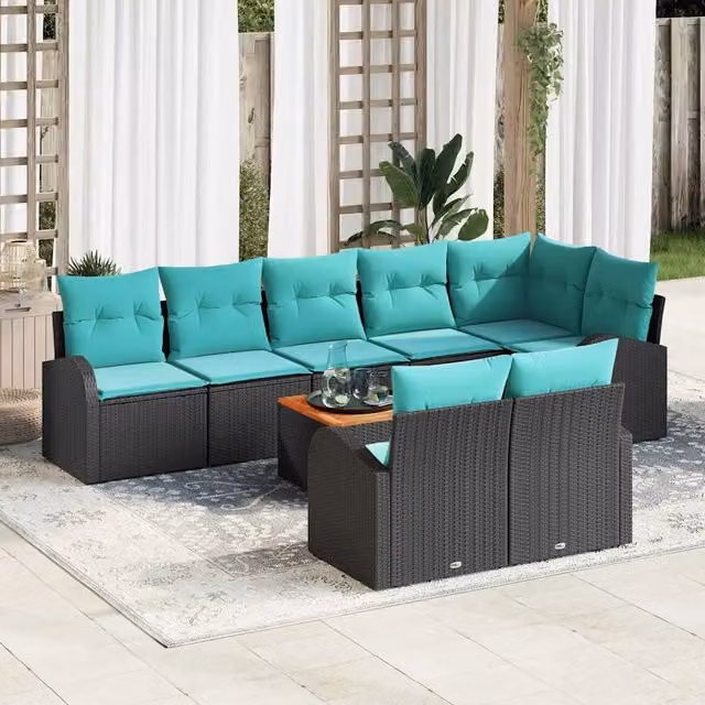 Set Divano da Giardino 9 pz Nero e Turchese polyrattan 3356268