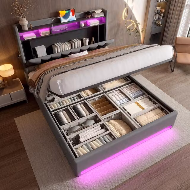 Letto imbottito contenitore con LED ¨C Minimal ¨C Grigio velluto 160x200cm testiera idraulico senza materasso