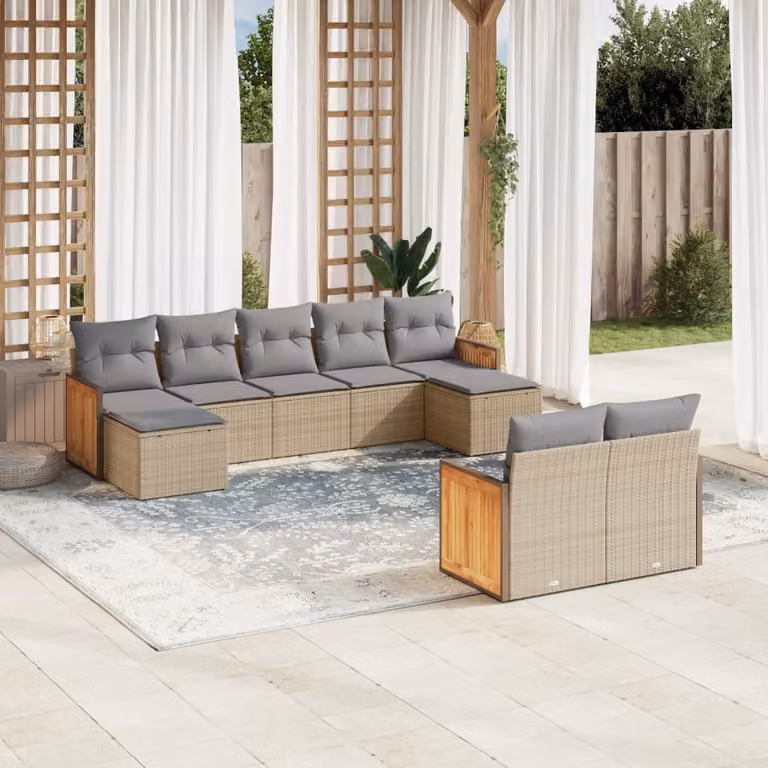 vidaXL Set Divano da Giardino 9 pz a forma di U in Polyrattan e Legno di Acacia con Cuscini Beige e Grigio
