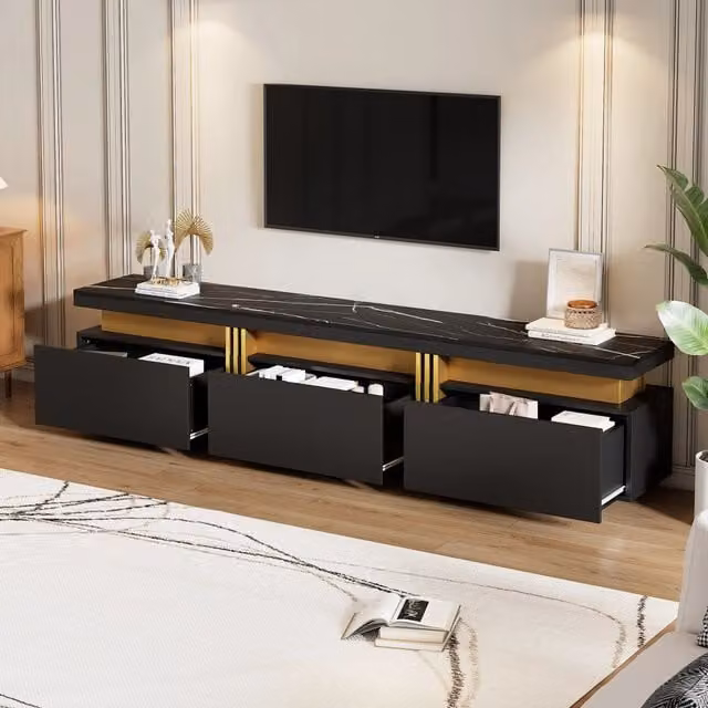 Mobile porta TV con 3 cassetti e passacavi piano effetto marmo in pannello truciolare nero moderno 200 × 40 × 42 cm
