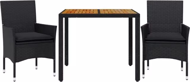 Set Pranzo da Giardino 3 pz | Set Salotto da Giardino con Cuscini Nero Polyrattan Acacia