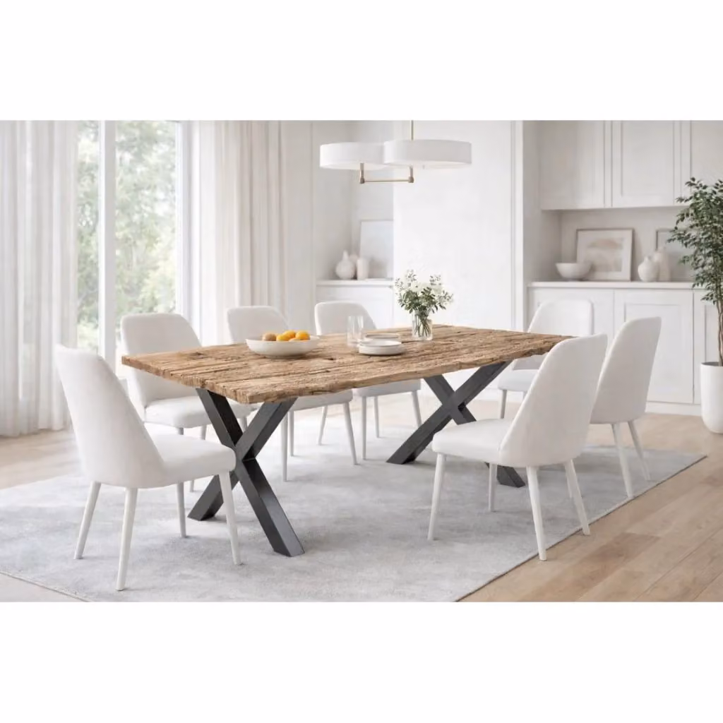 Tavolo da pranzo Meublorama RAFTA in legno di teak e metallo nero con gambe a X, stile industriale, L: 220 cm, P: 100 cm, H: 75 cm – 2