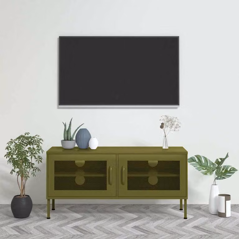 Mobile TV vidaXL in metallo verde oliva con scomparti multimediali L: 105 cm, P: 35 cm, H: 50 cm