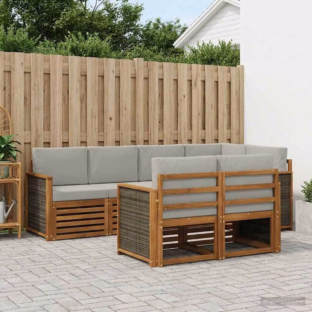 Set di divani da esterno a L vidaXL in legno di acacia con 7 pezzi, colore beige e grigio chiaro